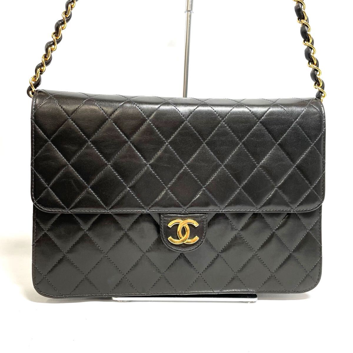 【53523】 CHANEL シャネル ラムスキン マトラッセ チェーン ショルダー プッシュロック ブラック 拍卖