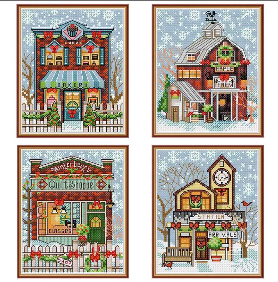 クロスステッチキット クリスマスストアー(4個セット) 14CT 15×17cm 図案印刷あり 刺繍拍卖