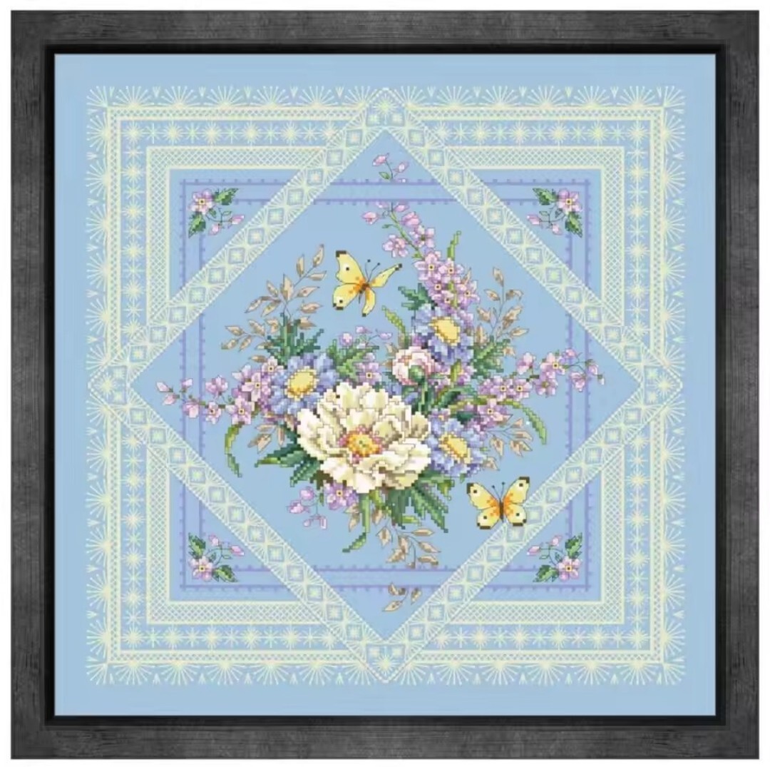 クロスステッチキット フラワー&レース(ライトブルー) 14CT 刺繍拍卖