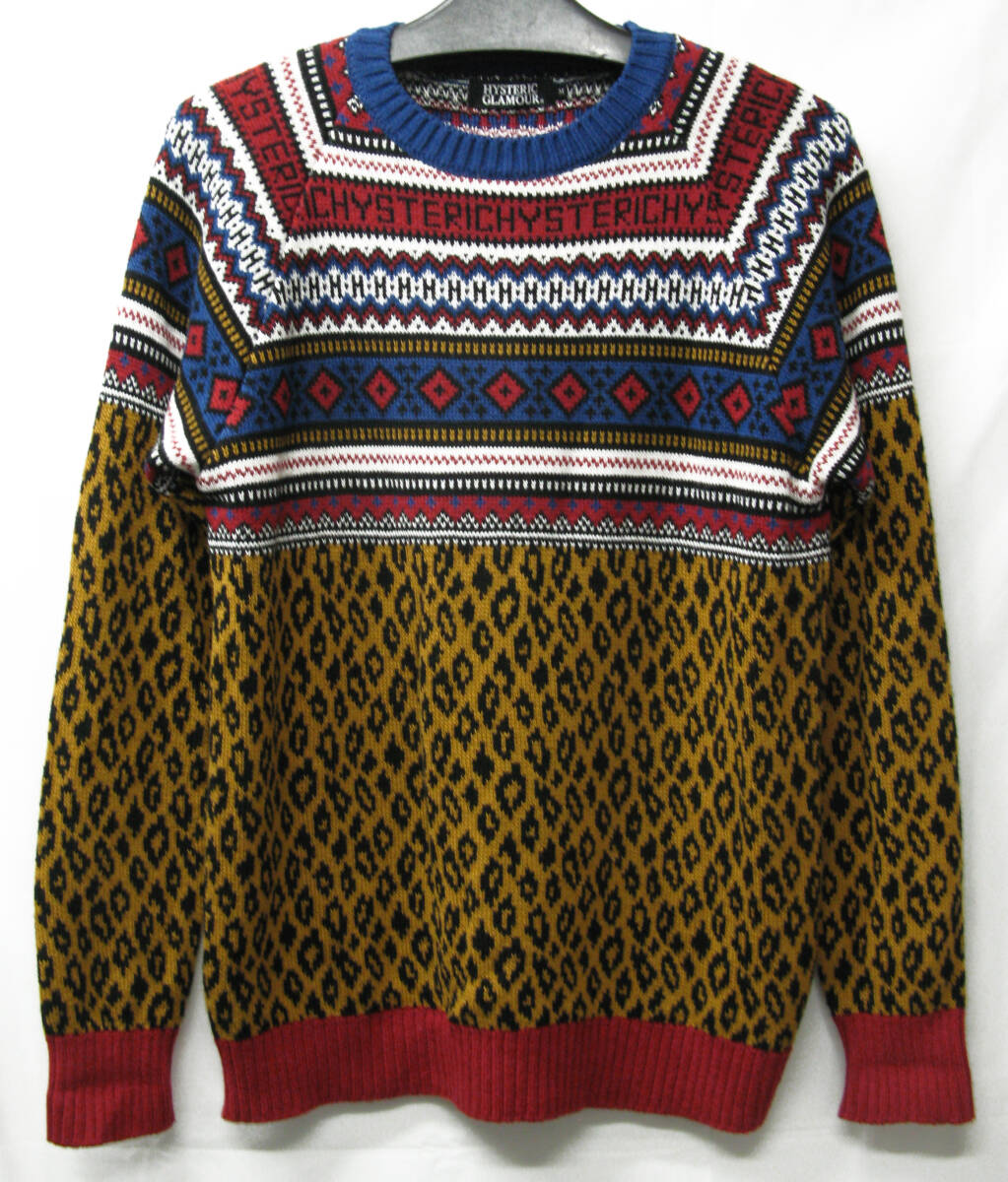 送料無料 HYSTERIC GLAMOUR MEN'S KNIT SWEATER M 美品 ヒステリックグラマー メンズ 豹柄 ロゴ ニット M セーター アーカイブ拍卖