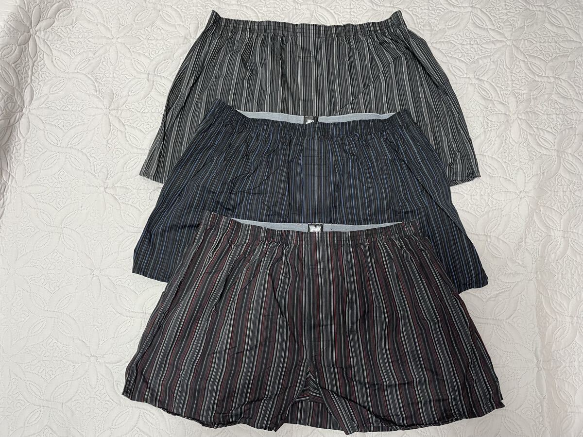 b●5L●新品●3枚組(3柄)●トランクス 前開き・ボタン付 脇スリット入り 綿100%●黒ストライプ拍卖