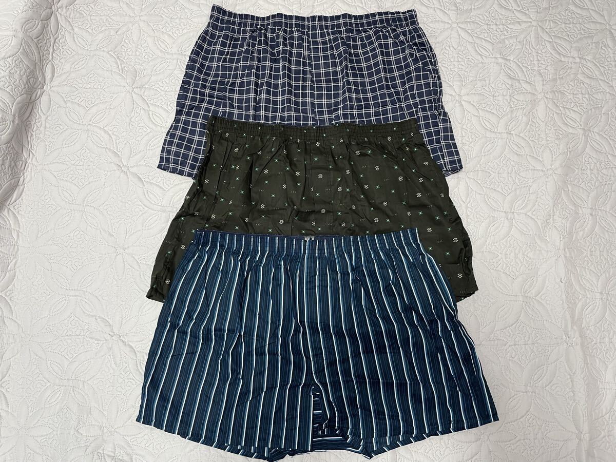 f●5L●新品●3枚組(3柄)●トランクス 前開き・ボタン付 脇スリット入り 綿100%●青ストライプ・紺チェック・黒柄拍卖