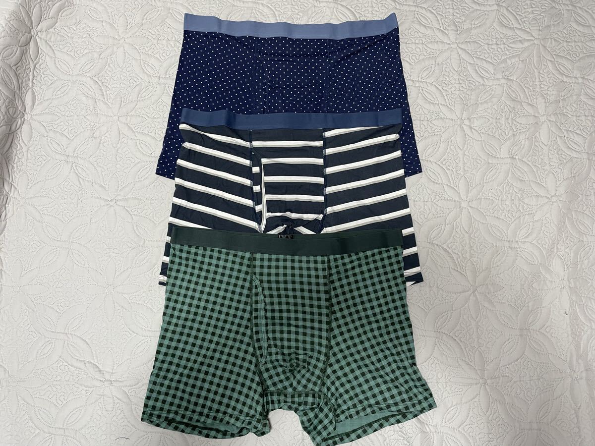 w●5L●新品●3枚組(3柄)●ボクサーブリーフ 前開き 綿混 ストレッチ●青系ボーダー・グリーン系チェック・青系ドット拍卖