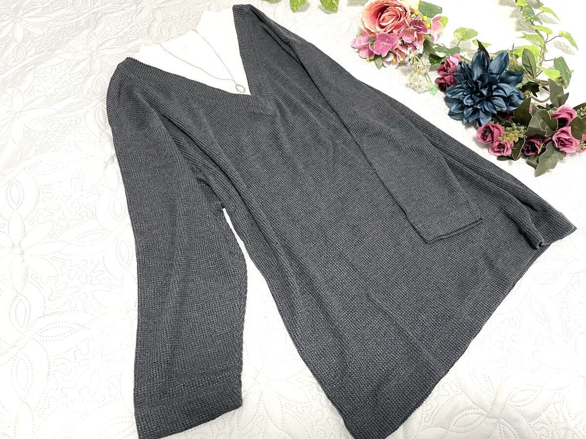 f■3L■新品■ナチュラルカジュアル*深Vネック*フェイクデザイン*裾長め異素材Tops■チャコール②拍卖