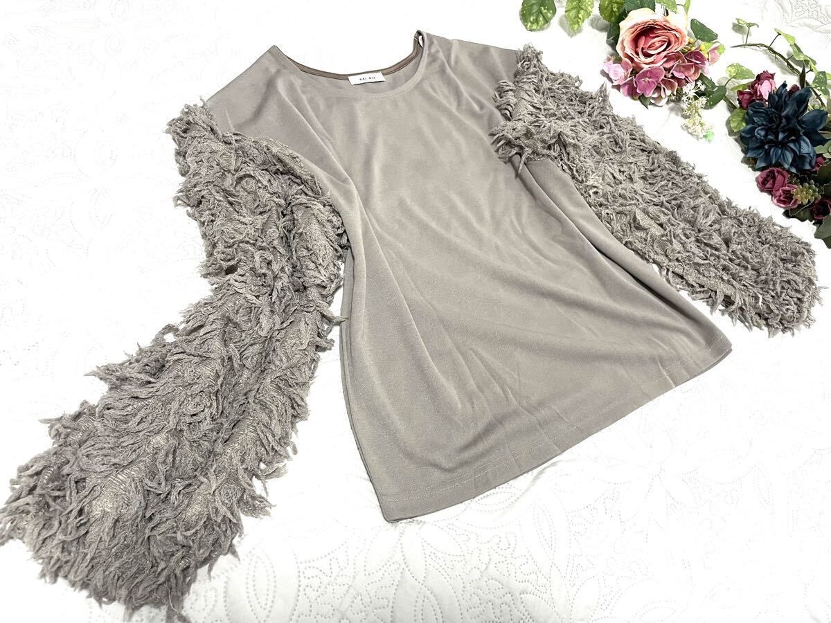 f■3L■新品■袖ボリュームヒラヒラデザイン 異素材tops■茶・グレー系拍卖