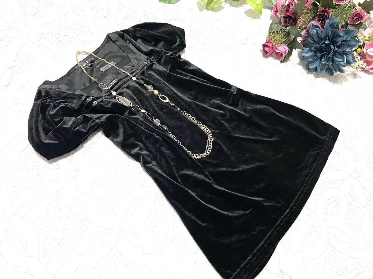 f■M■新品■高級感*光沢感*ベロア生地*縁有りスクエアネック*スパンコール使い*半袖Tops■黒 拍卖