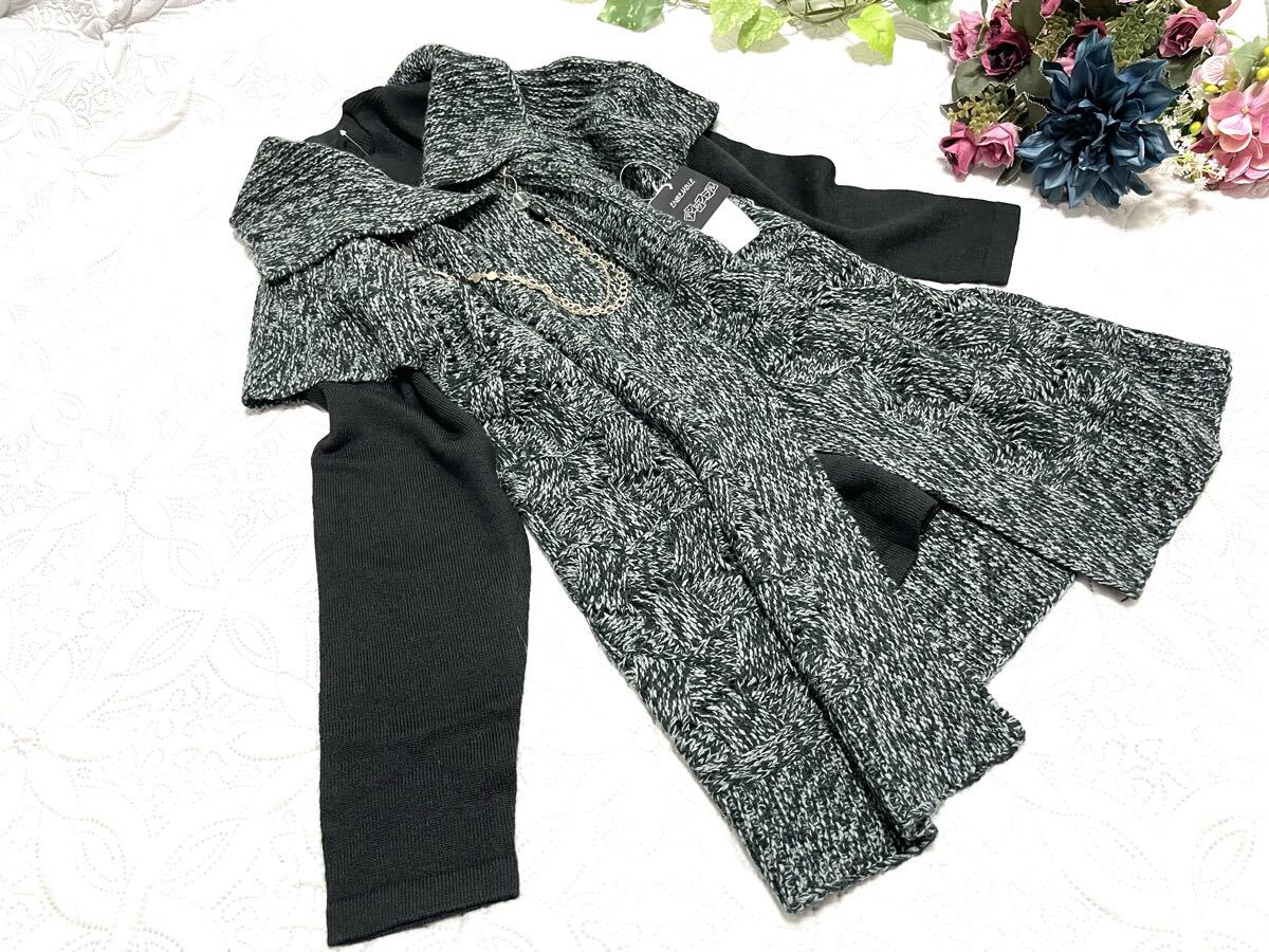 f■M■新品■2枚セット■《大きめ衿がお洒落*半袖編み込みニットベスト》&《長袖シンプル毛混セーター・ニット》■MIXグレー・黒拍卖