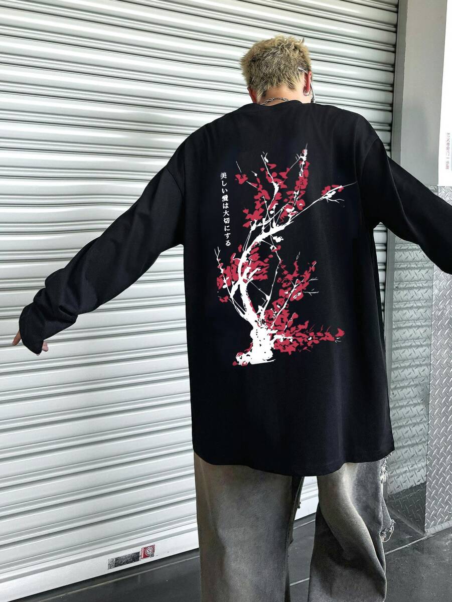 M メンズ 和風桜プリント 長袖Tシャツ - 黒地に赤い桜デザイン、ラウンドネック カジュアル 冬用 暖かい拍卖
