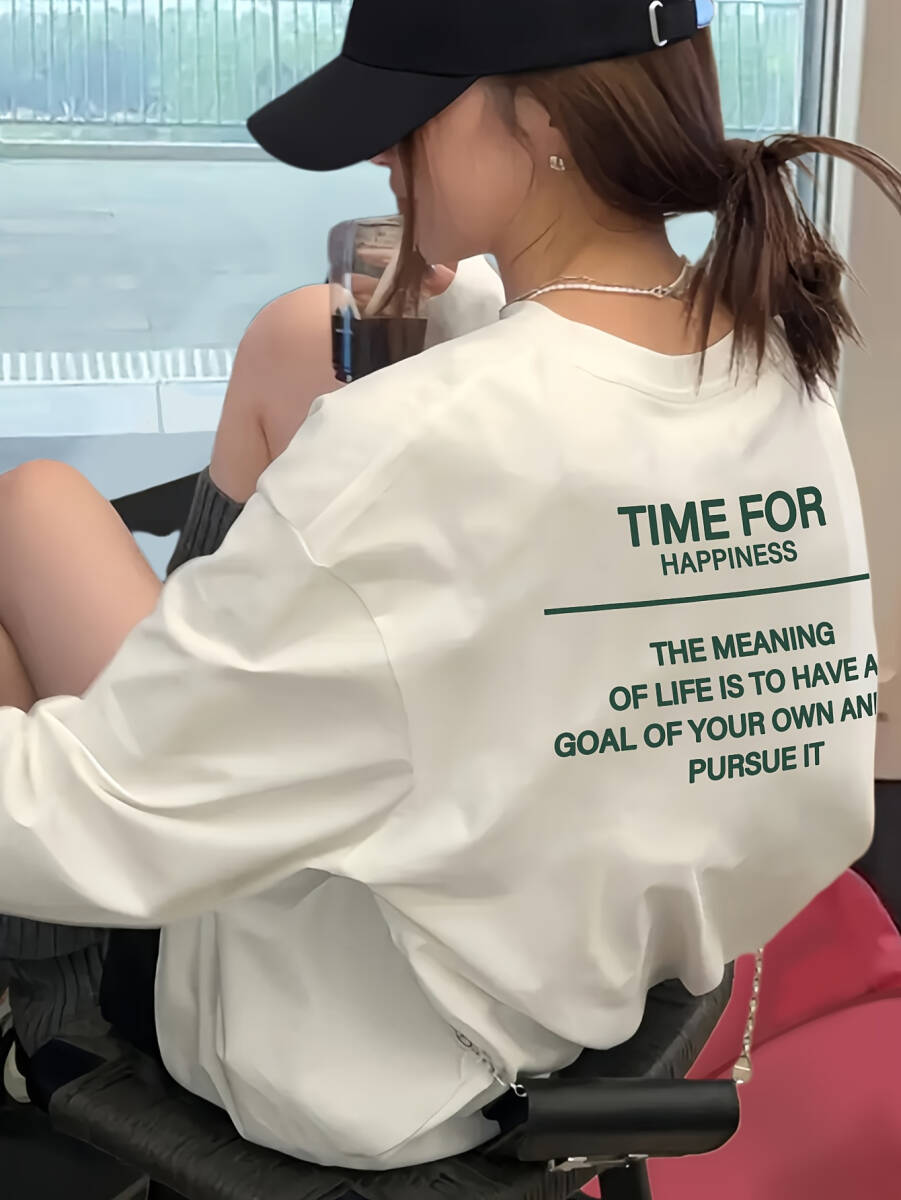 L サイズ レディースカジュアルルーズ長袖Tシャツ-100%幾何学文字プリントパーカー拍卖