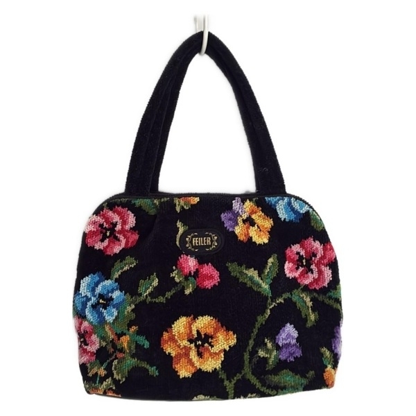 フェイラー FEILER ハンドバッグ - 黒×グリーン×ピンク 花柄/パンジー/ミニバッグ/タオル地 美品 バッグ拍卖