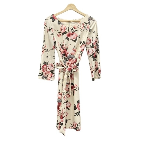 ピンキー&ダイアン Pinky&Dianne サイズ36 S - 白×ピンク×ダークグリーン レディース 長袖/ひざ丈/花柄 美品 ワンピース拍卖