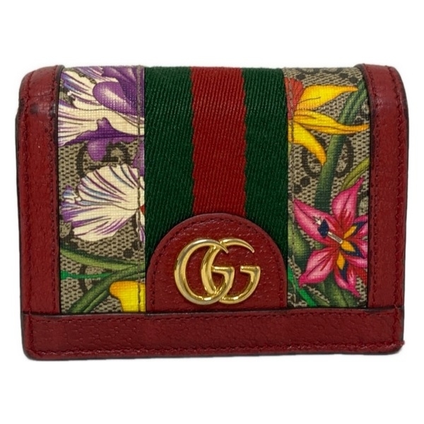 グッチ GUCCI 2つ折り財布/ミニ/コンパクト 523155 オフィディア GGスプリーム レザー レッド×ダークグリーン×マルチ 花柄 財布拍卖