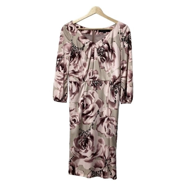 マテリア MATERIA サイズ38 M - ベージュ×ライトピンク×マルチ レディース 七分袖/ひざ丈/花柄 美品 ワンピース拍卖