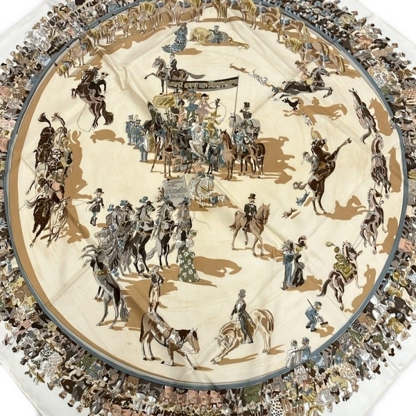 エルメス HERMES カレ90 アイボリー×ダークブラウン×マルチ CIRQUE MOLIER スカーフ拍卖