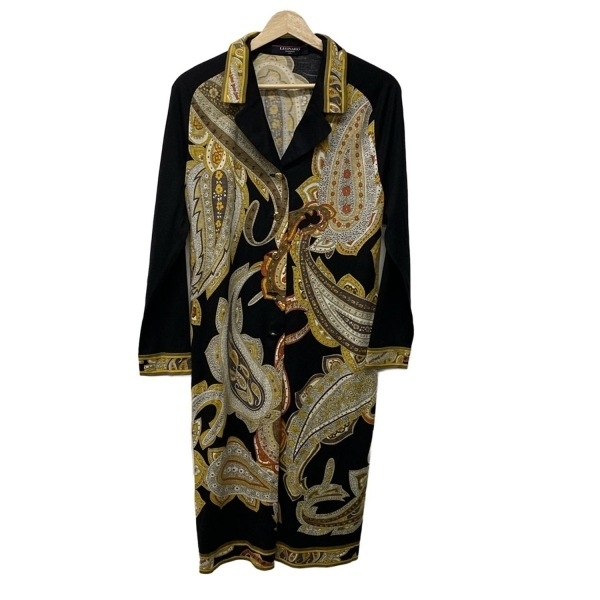 レオナール LEONARD サイズL - 黒×イエロー×マルチ レディース 長袖/ロング/ペイズリー柄 ワンピース拍卖