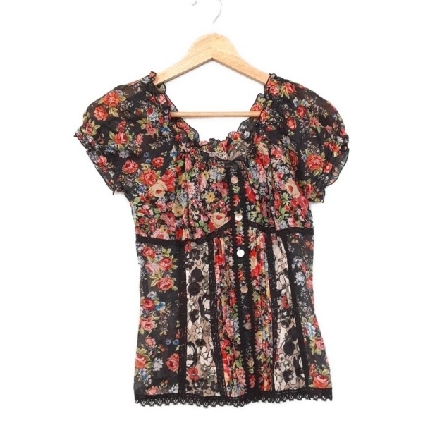 アルバロッサ ALBA ROSSA 半袖カットソー サイズ42 L - 黒×レッド×マルチ レディース Vネック/花柄 美品 トップス拍卖