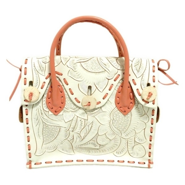 カービングトライブス Carving Tribes ハンドバッグ - レザー 白×ピンク 型押し加工/フラワー(花) バッグ拍卖
