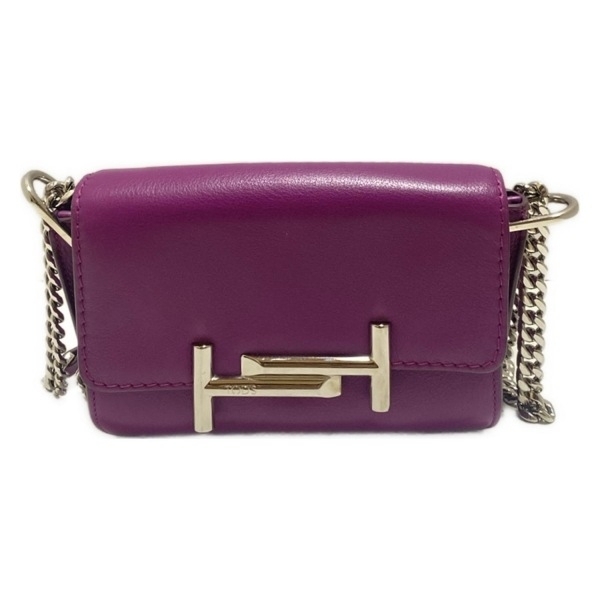 トッズ TOD'S ショルダーバッグ ダブルT レザー パープル×シルバー チェーンショルダー バッグ拍卖