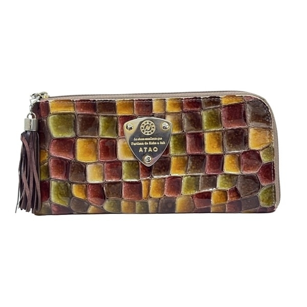 アタオ ATAO 長財布 - レザー ダークイエロー×ボルドー×マルチ L字ファスナー/タッセル 財布拍卖