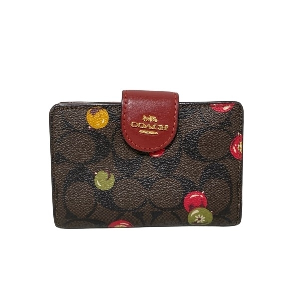 コーチ COACH 2つ折り財布 C7414 ミディアム コーナー ジップ ウォレット オーナメント プリント レザー ダークブラウン×ボルドー×マルチ拍卖
