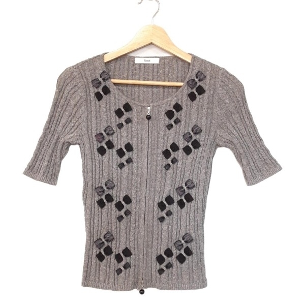 ルネ Rene 半袖セーター/ニット サイズ34 S - グレー×黒 レディース クルーネック/ジップアップ/リボン 美品 トップス拍卖