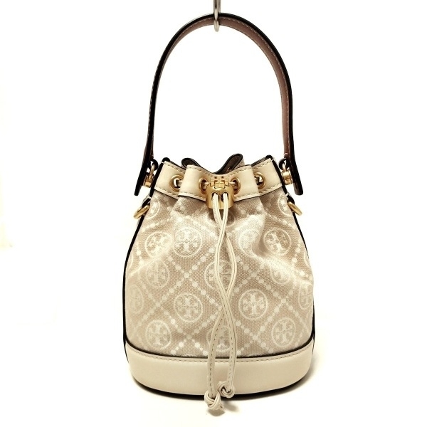 トリーバーチ TORY BURCH ハンドバッグ Tモノグラムジャガードミニバケットバッグ レザー ベージュ×ダークブラウン 巾着型/ミニバッグ拍卖