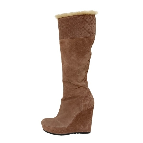 グッチ GUCCI ロングブーツ 371/2 296265 - ムートン ブラウン レディース ウェッジソール/マイクログッチシマ 靴拍卖