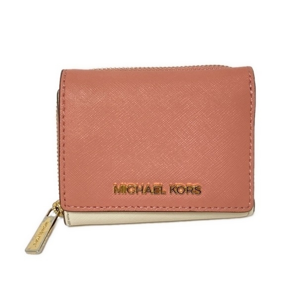 マイケルコース MICHAEL KORS 3つ折り財布/ミニ/コンパクト - レザー ピンクベージュ×アイボリー ラウンドファスナー 財布拍卖