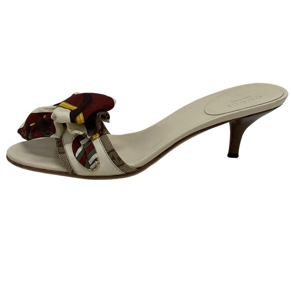 グッチ GUCCI ミュール 36 1/2 C - シルク、レザー 白×ダークブラウン×マルチ レディース リボン 靴拍卖