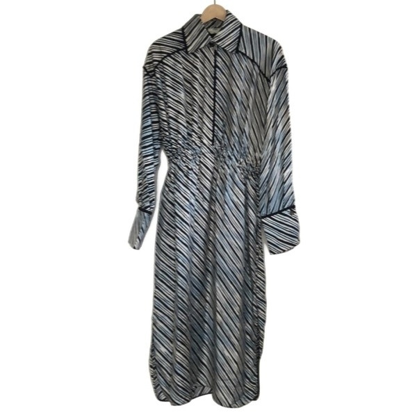 フェンディ FENDI サイズ40 M - ライトブルー×白×黒 レディース レギュラーカラー/長袖/マキシ丈/シルク/ストライプ ワンピース拍卖