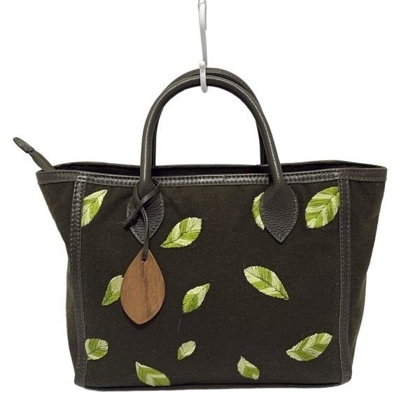 マザーハウス Motherhouse ハンドバッグ - コットン、レザー カーキ×イエローグリーン×ライトグリーン 刺繍/葉っぱ 美品 バッグ拍卖