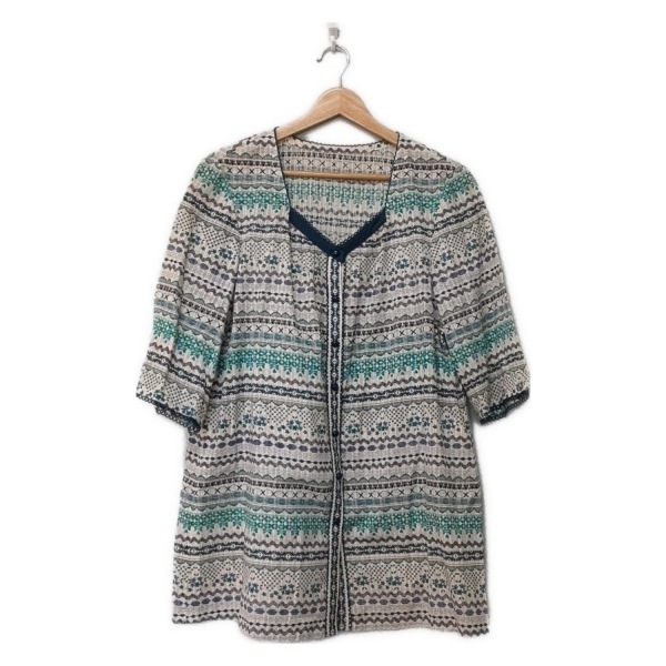 レリアン Leilian チュニック サイズ13+ S - アイボリー×ネイビー×マルチ レディース 七分袖 美品 ワンピース拍卖