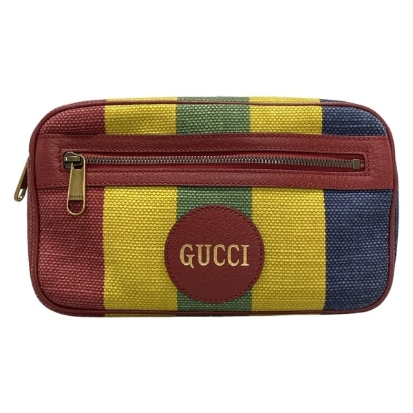 グッチ GUCCI ウエストポーチ 625895 バイアデラ レザー レッド×イエロー×マルチ ストライプ バッグ拍卖