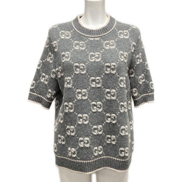 グッチ GUCCI 半袖セーター/ニット サイズL 770059XKCNA GG ブークレウール ジャカード トップ ウール グレー×ライトピンク レディース拍卖