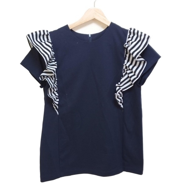 ボーダーズアットバルコニー BORDERS at BALCONY 半袖カットソー サイズ38 M - ダークネイビー×白 レディース ストライプ/フリル 美品拍卖