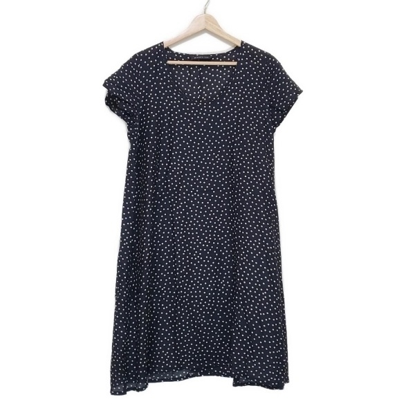 ミズイロインド mizuiro ind - 黒×アイボリー レディース クルーネック/半袖/ひざ丈/ドット柄 ワンピース拍卖
