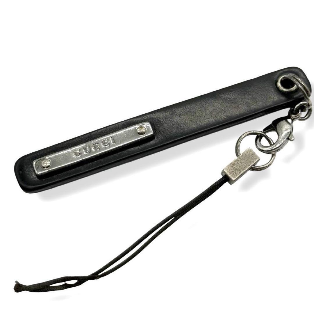 グッチ チャーム ストラップ ブラック プレート ロゴ キーホルダー ブラック シルバー レザー GUCCI ブランド 小物 da23拍卖
