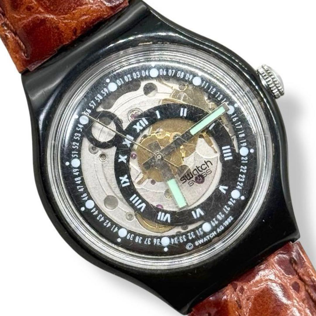 稼働 スウォッチ 腕時計 自動巻き Black Circles AT Swatch SAB102 スケルトン 裏スケ 機械式 3針 アナログ ブラック 4141拍卖