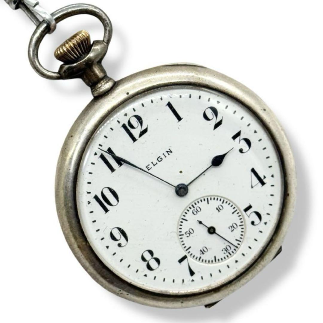 不動/現状 エルジン 懐中時計 手巻き シルバー925 スモセコ 青針 ELGIN 機械式 ホワイト シルバー ブルー ヴィンテージ 4197拍卖