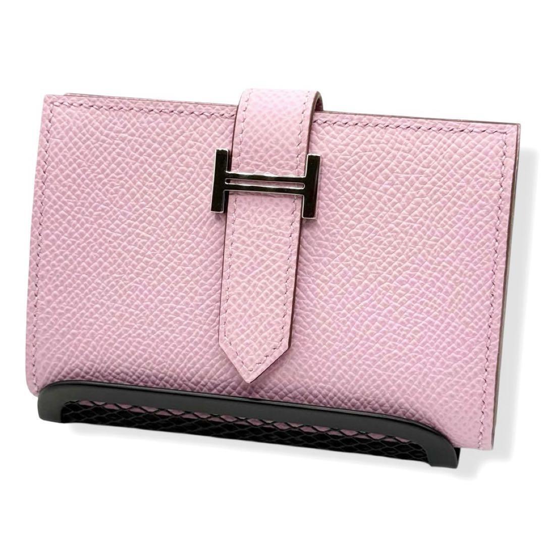 未使用 B刻印 エルメス べアンミニ 折り財布 ヴォーエプソン ピンク系 カードケース コンパクトウォレット 折り財布 小銭入れcs4拍卖