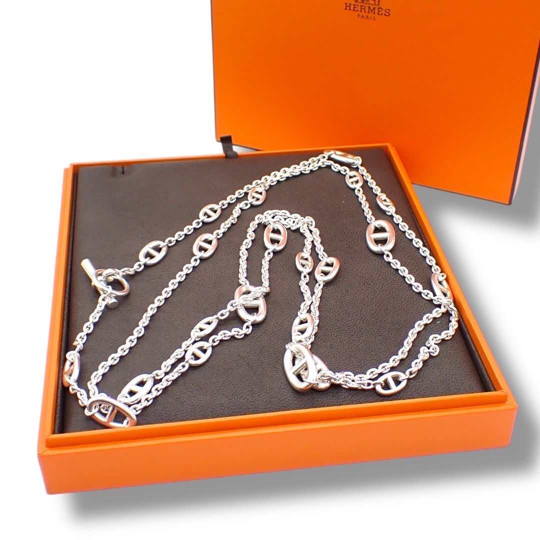 箱 エルメス Hermes シェーヌダンクル ファランドール 160 925 シルバー スターリングシルバー ネックレス ロング 2連 4347拍卖