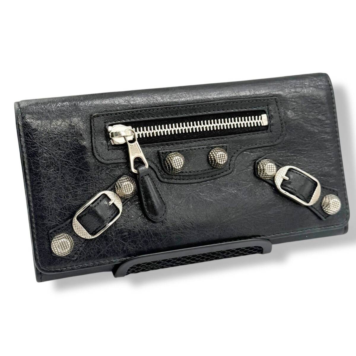 使用少/箱付 バレンシアガ 長財布 ジャイアント シティ Y2K ブラック BALENCIAGA 186194 二つ折り フラップ レザー スタッズdd7拍卖