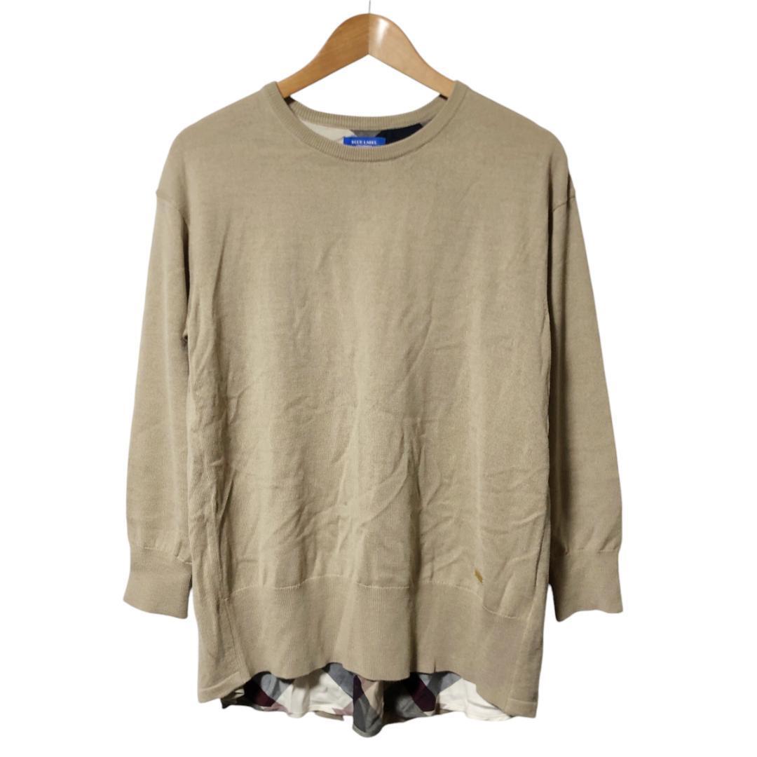 BLUE LABEL CRESTBRIDGE ブルーレーベル クレストブリッジ チェックパーシャル チュニック ニット 38 グレージュ 長袖 切替 スリット M6拍卖