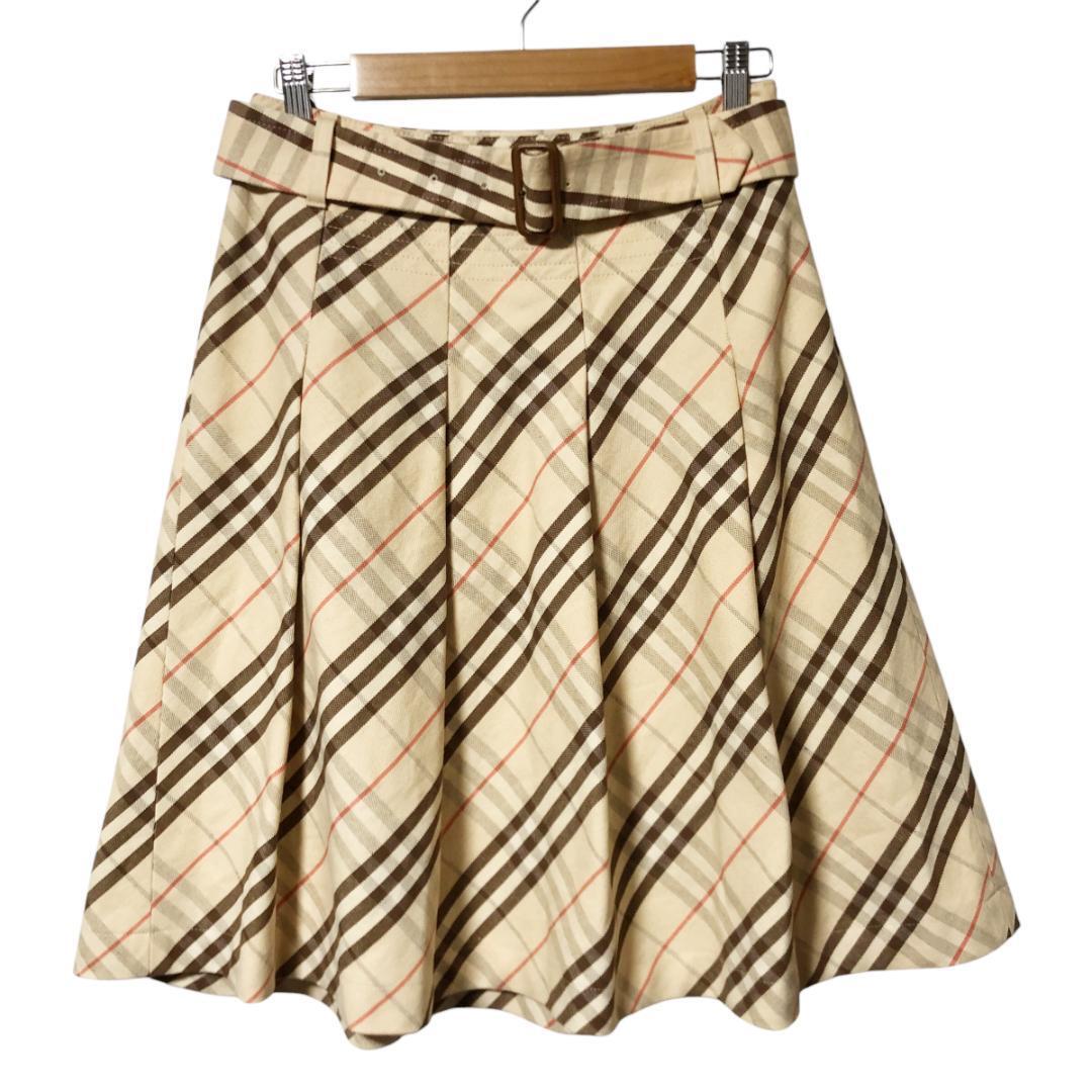 BURBERRY バーバリー チェック フレア スカート ベルト付き コットン リネン ミモレ丈 36 ベージュ ノバチェック レディース M5拍卖