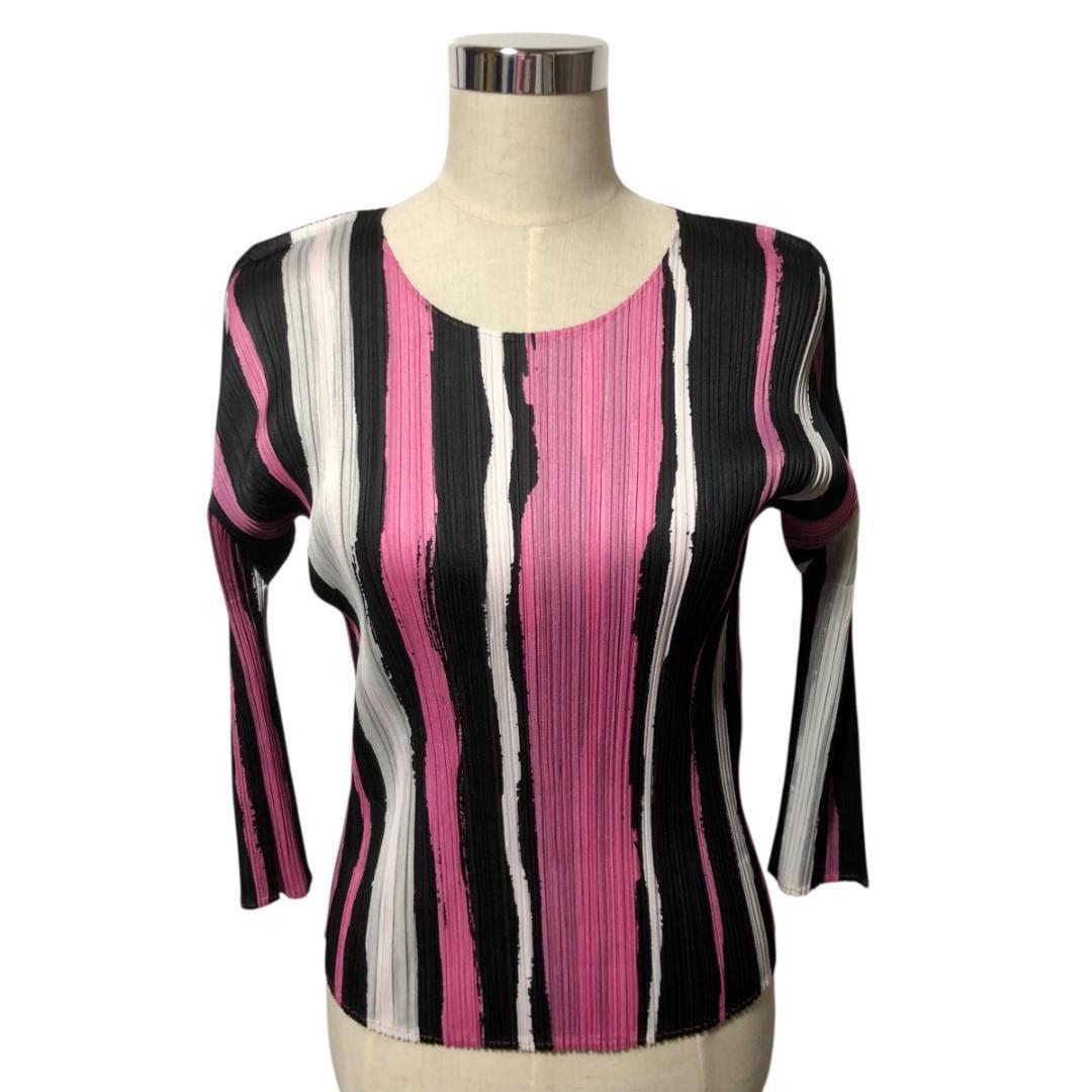 PLEATS PLEASE プリーツプリーズ 総柄 プリーツ カットソー 七分袖 3 黒 ピンク 白 日本製 レディース M1拍卖