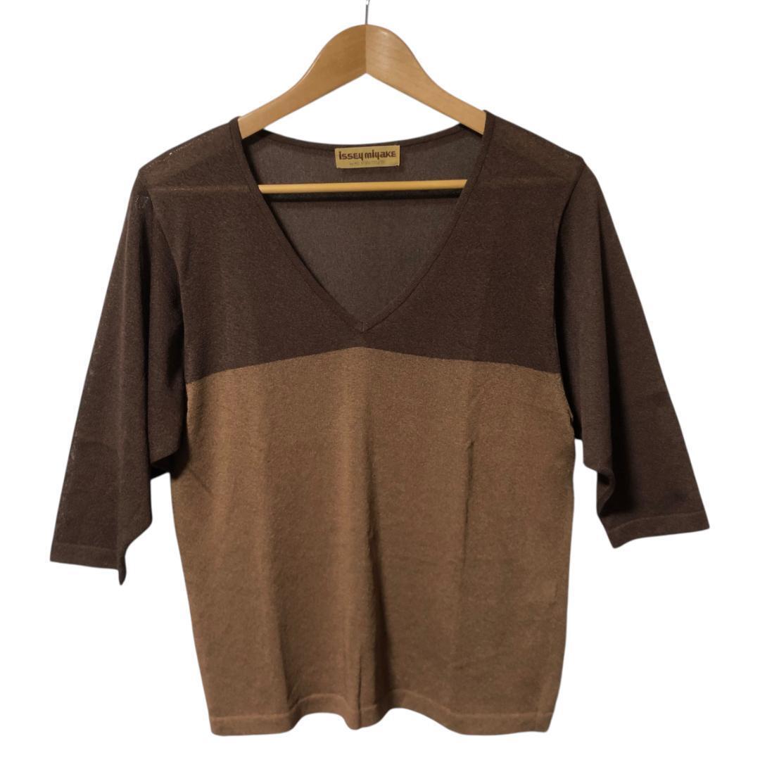 70s ISSEY MIYAKE イッセイミヤケ オールスタイル レーヨン ニット ニットソー Vネック 七分袖 バイカラー 茶 ベージュ アーカイブ M14拍卖