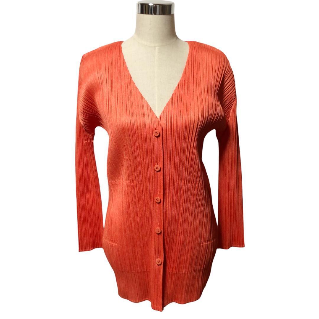 PLEATS PLEASE プリーツプリーズ プリーツ カーディガン ロング 長袖 3 オレンジ 日本製 レディース M13拍卖