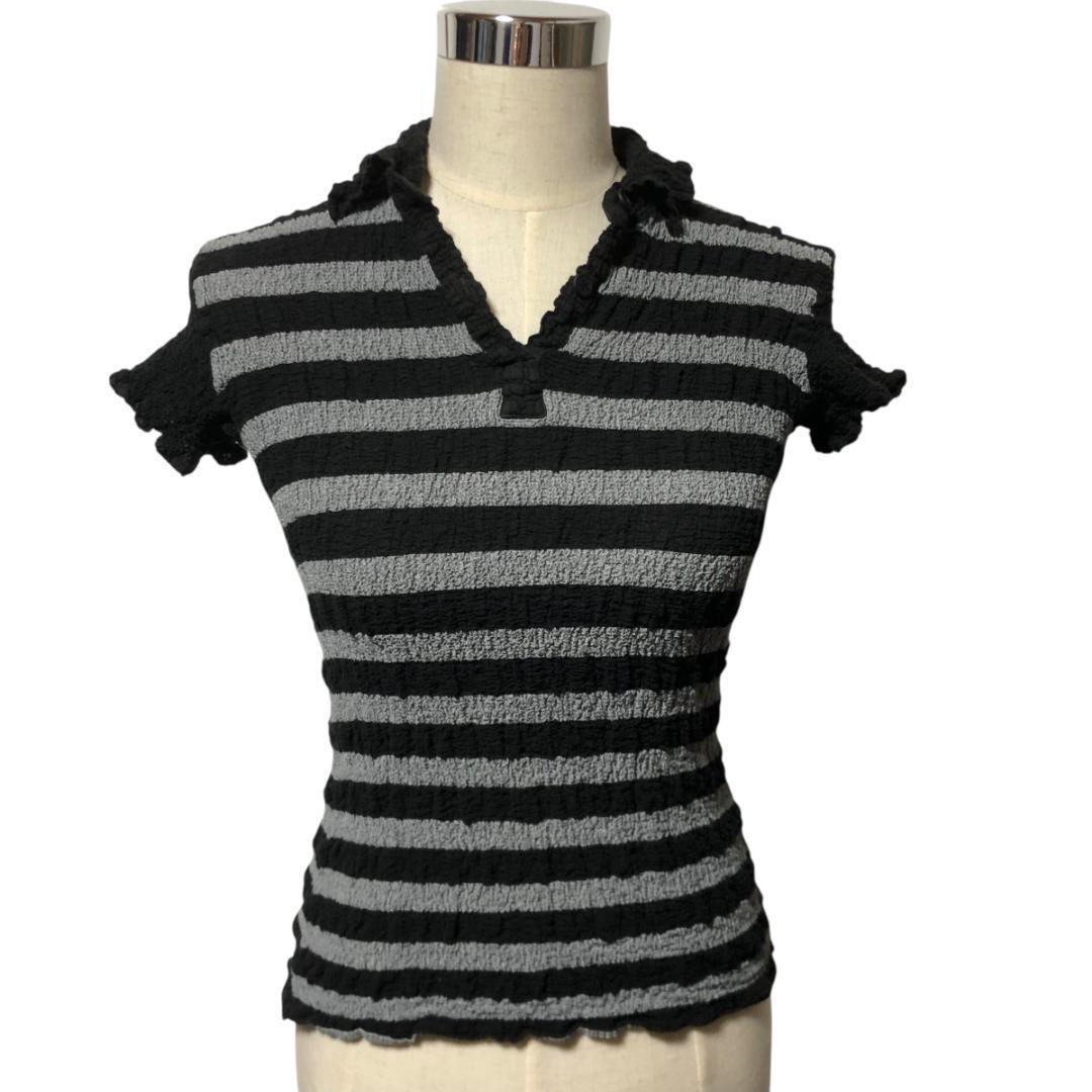 me ISSEY MIYAKE ミー イッセイミヤケ カリフラワー ポロシャツ 半袖 ボーダー グレー ブラック プリーツ 日本製 レディース M1拍卖