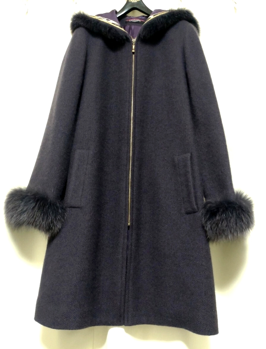 【極美品】レオナール 柔らかアンゴラコート ダークパープル 13号 42サイズ LL拍卖