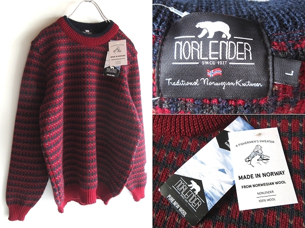 新品タグ付 定価47300円 NORLENDER ノーレンダー ピュアニューウール バーズアイ ルースコスタ柄 ニット セーター L ノルウェー製拍卖
